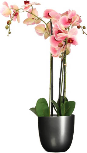 Mica Decorations Orchidee kunstplant roze - 75 cm - inclusief bloempot zwart mat - Kunstplanten