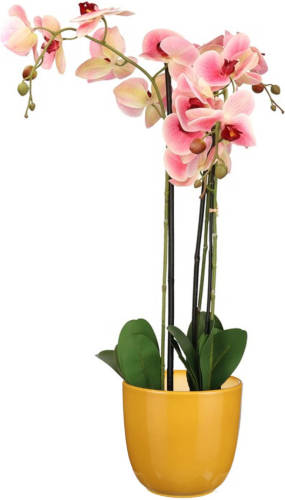 Mica Decorations Orchidee kunstplant roze - 75 cm - inclusief bloempot okergeel glans - Kunstplanten