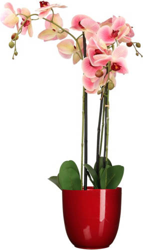 Mica Decorations Orchidee kunstplant roze - 75 cm - inclusief bloempot rood glans - Kunstplanten