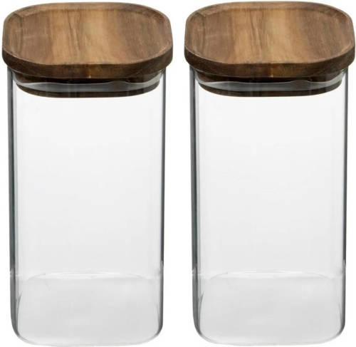 5five 2x stuks voorraadbussen/voorraadpotten 1,3L glas met acacia houten deksel - Voorraadpot