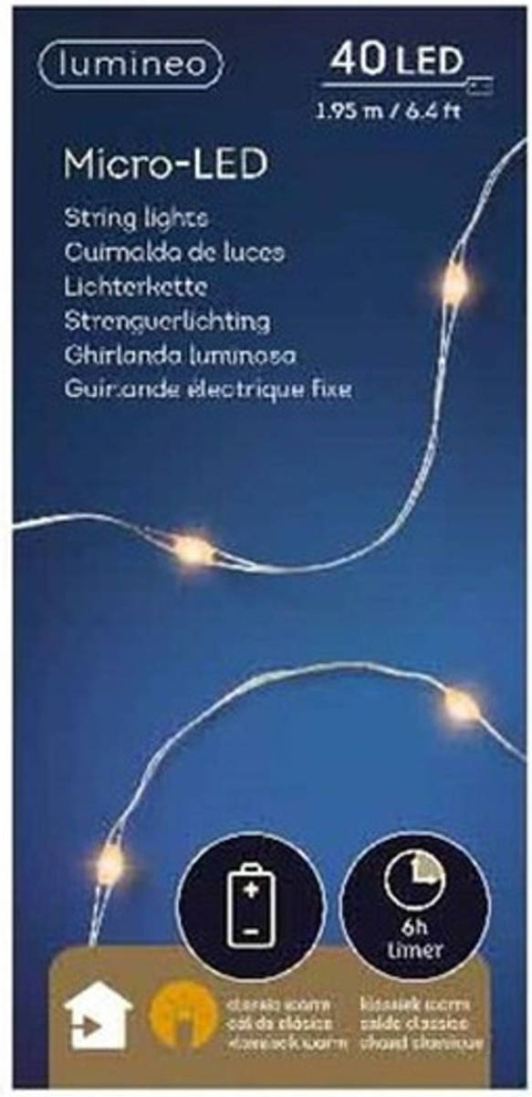 Lumineo Draadverlichting - 40 LEDs - warm wit - timer - 195 cm - op batterijen - zilverdraad - Lichtsnoeren