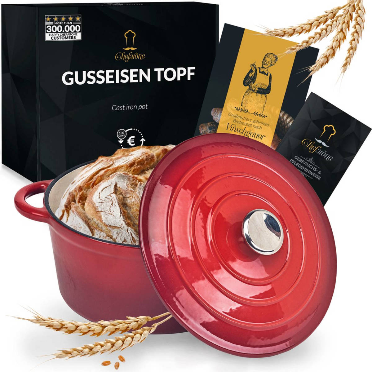 Chefarone Gietijzeren Pan - Braadpan Inclusief Deksel - Geschikt Voor Alle Warmtebronnen - Geëmailleerd Rood