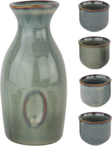 OTIX Sake Set - voor Rijstwijn - 5-Delig - van Aardewerk - met 4 Kopjes - en een Fles - Blauw