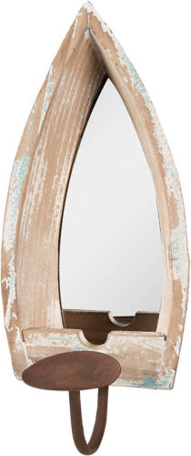 Clayre & Eef Spiegel 15x17x36 cm Beige Hout Glas Kandelaar Wand spiegel Muur spiegel Beige Kandelaar Wand spiegel