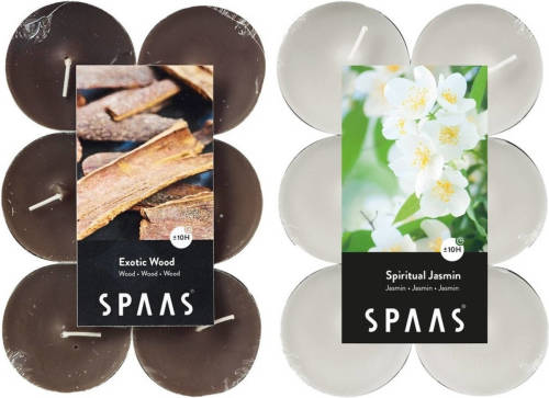 Candles by Spaas geurkaarsen - 24x stuks in 2 geuren Jasmin en Exotic wood - geurkaarsen