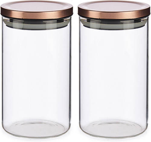 Vivalto Set van 2x stuks glazen luxe keuken voorraadpotten/voorraadbussen met deksel rose goud 1000 ml - Voorraadpot