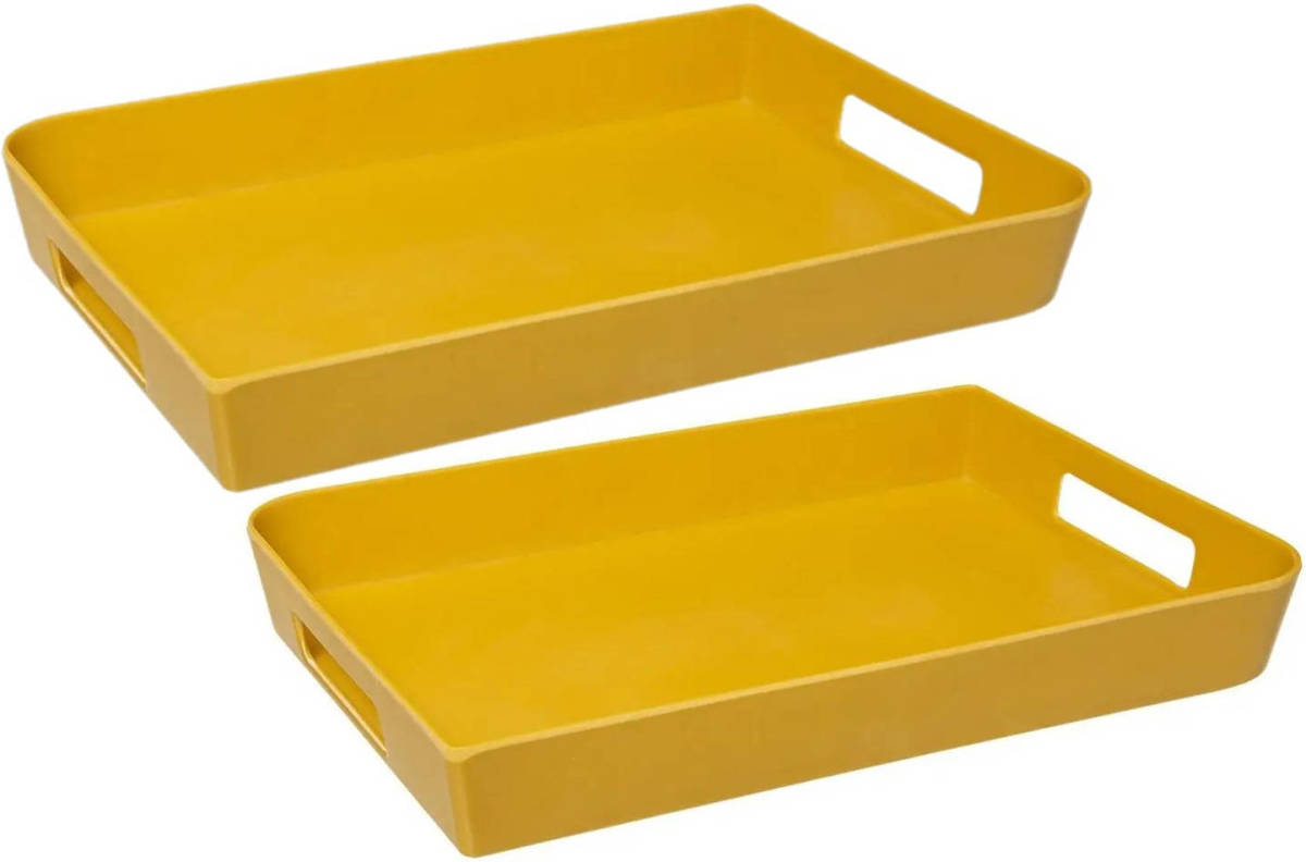 5five 2x stuks dienbladen/serveerbladen rechthoekig 35 x 25 cm okergeel met handvaten - Dienbladen