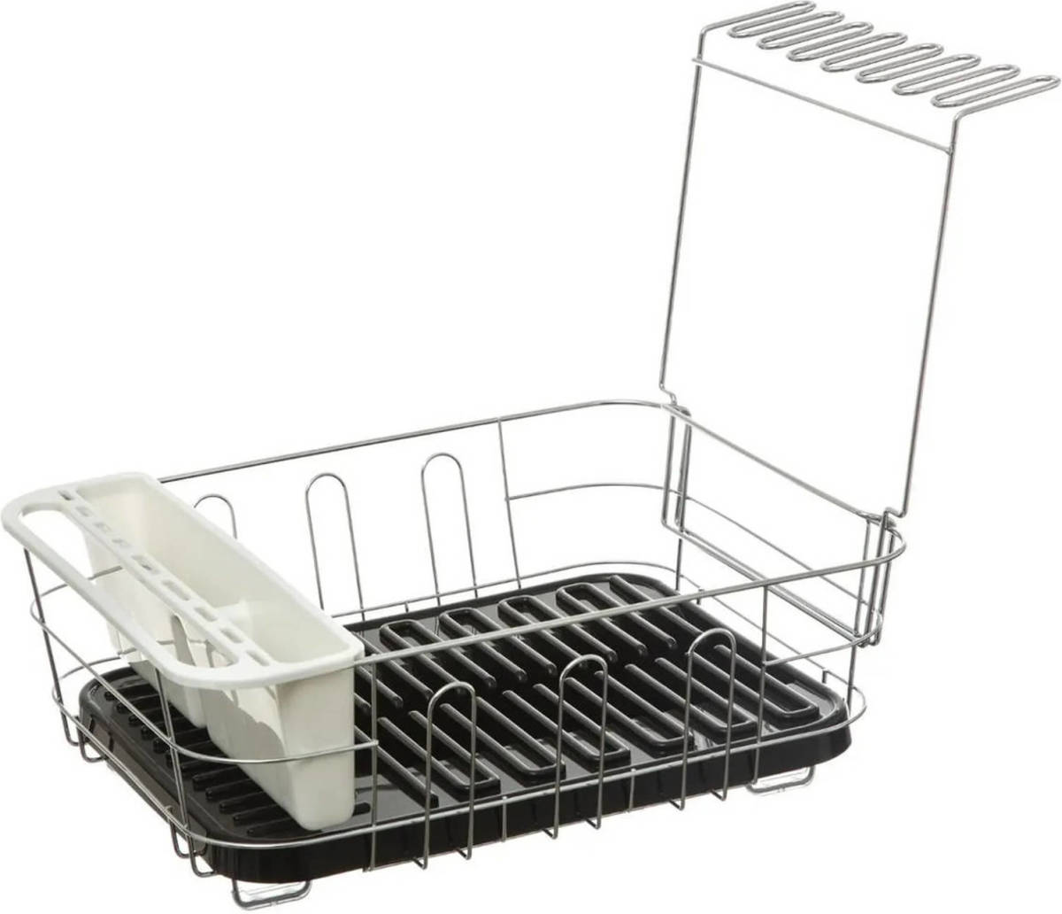 Secret de Gourmet Luxe afdruiprek/afwasrek zwart met lekbak en extra wijnglazen houder 44 x 36 cm van metaal - Afdruiprekken