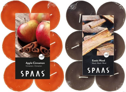 Candles by Spaas geurkaarsen - 24x stuks in 2 geuren Appel/Kaneel en Exotic wood - geurkaarsen