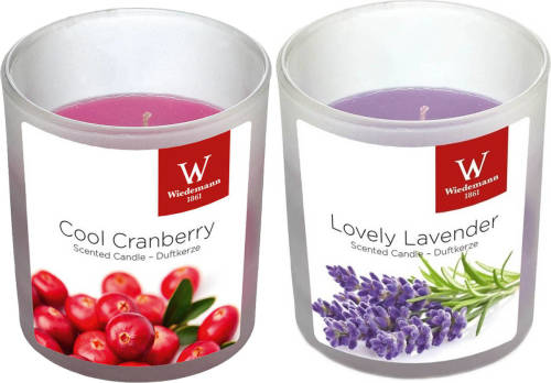 Trend Candles Geurkaarsen set van 4x stuks in houder cranberry en lavendel 25 branduren - geurkaarsen