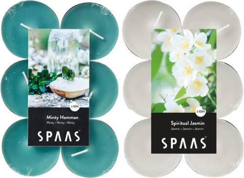 Candles by Spaas geurkaarsen - 24x stuks in 2 geuren Jasmin en Minty Hammam - geurkaarsen