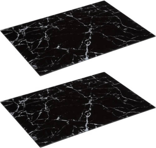 Secret de Gourmet 2x Stuks snijplank rechthoek zwart met marmer print 40 x 30 cm van glas - Snijplanken