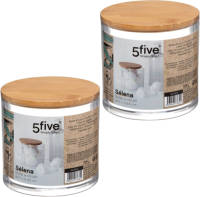 5five Set van 2x stuks watten houder/box/dispenser 9,5 x 9,5 cm van kunststof/bamboe - Opbergbox