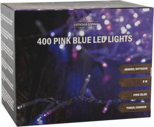 Svenska Living Feestverlichting lichtsnoer roze/blauw 400 lampjes 800 cm lichtsnoer met timer - Lichtsnoeren