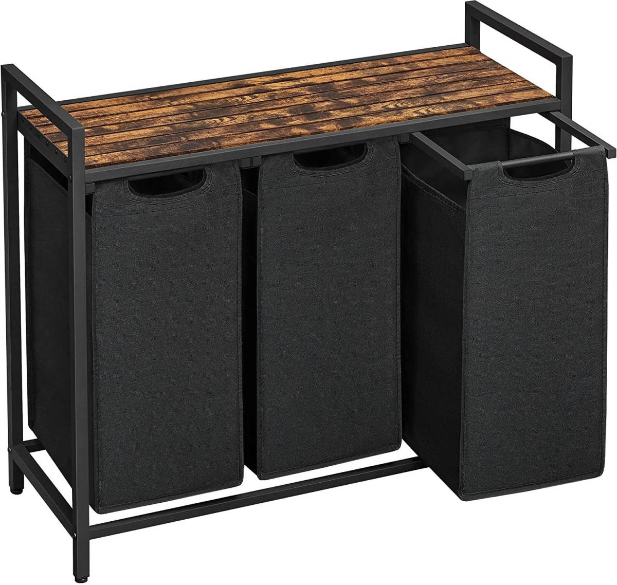 O'Daddy Wasmand 3 vakken - uitschuifbare wassorteerder met plank - 92.5 x 33 x 71 cm - metaal - zwart met bruin