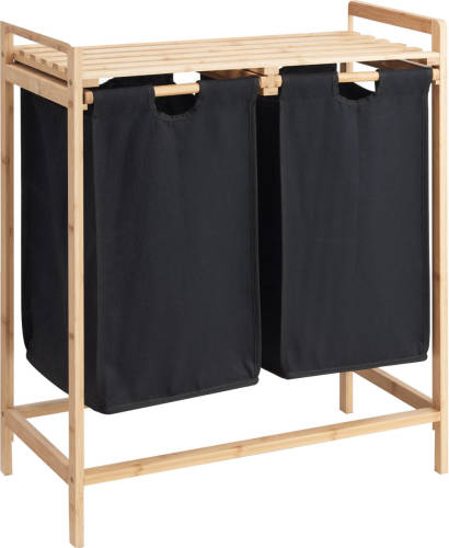 Acaza Wasmand met 2 uitschuifbare waszakken - Wassorteerder - 44 liter - bamboe - 64.5x73.5x33 cm - Zwart