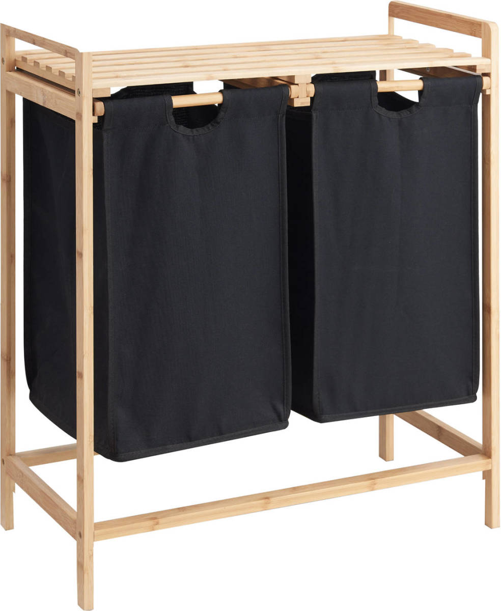 Acaza Wasmand met 2 uitschuifbare waszakken - Wassorteerder - 44 liter - bamboe - 64.5x73.5x33 cm - Zwart
