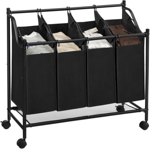 Acaza Mobiele wasmand - 4 vakken van elk 35 liter - 81 x 88 x 39 cm - zwart