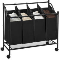 Acaza Mobiele wasmand - 4 vakken van elk 35 liter - 81 x 88 x 39 cm - zwart