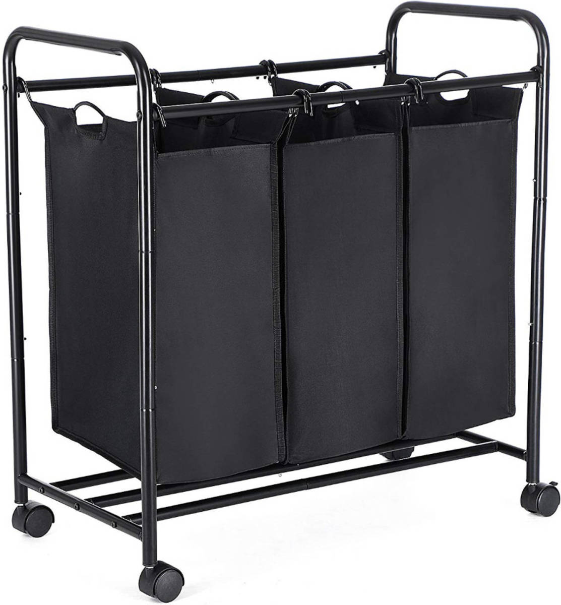 Acaza Driedelige Mobiele Wasmand - Wassorteerder met 3 Vakken van elk 44 Liter - 77x41x81.5cm - Zwart