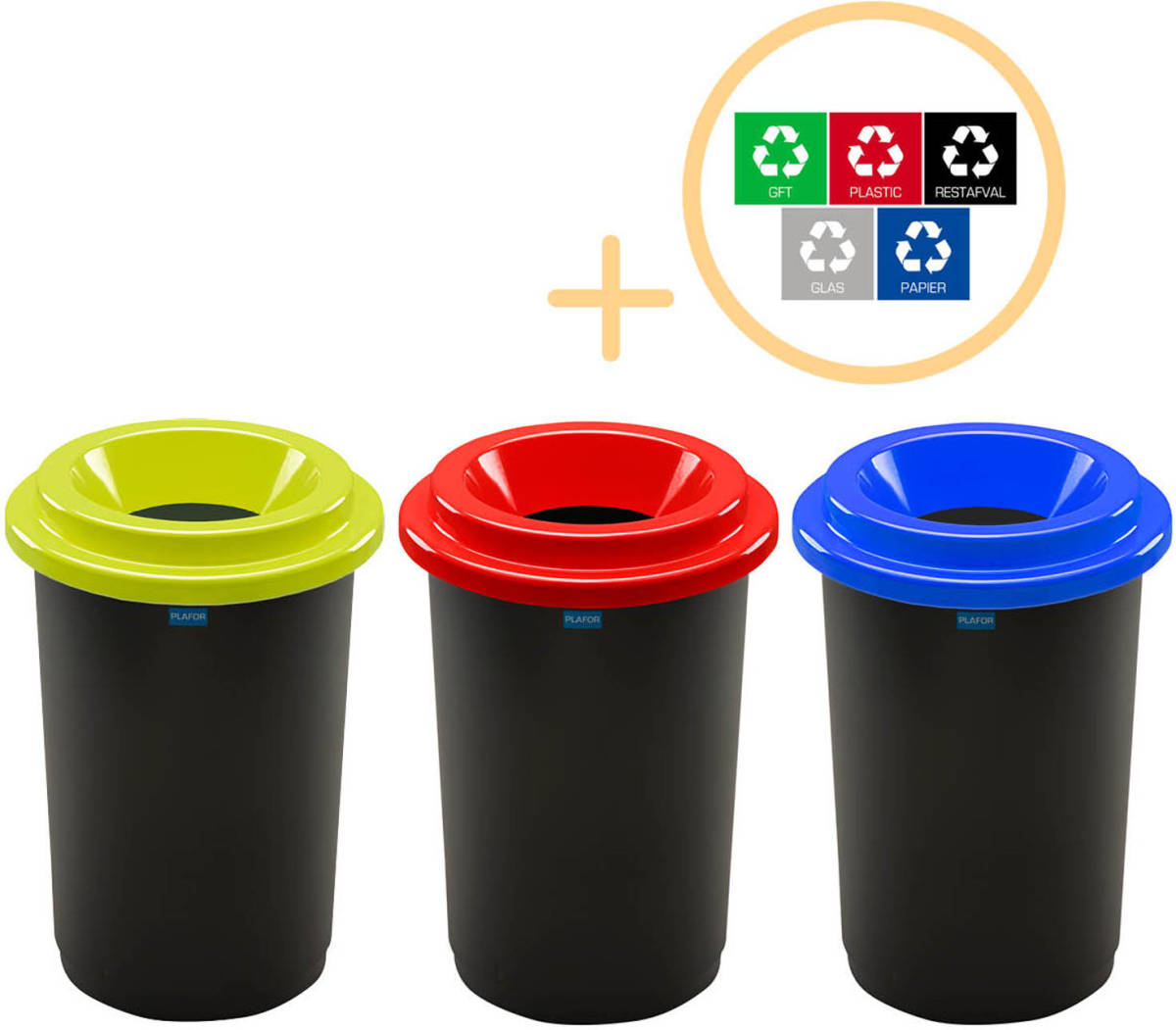 Plafor Eco Bin Prullenbak 50L - Set van 3 - Blauw/Groen/Rood + Sticker Set