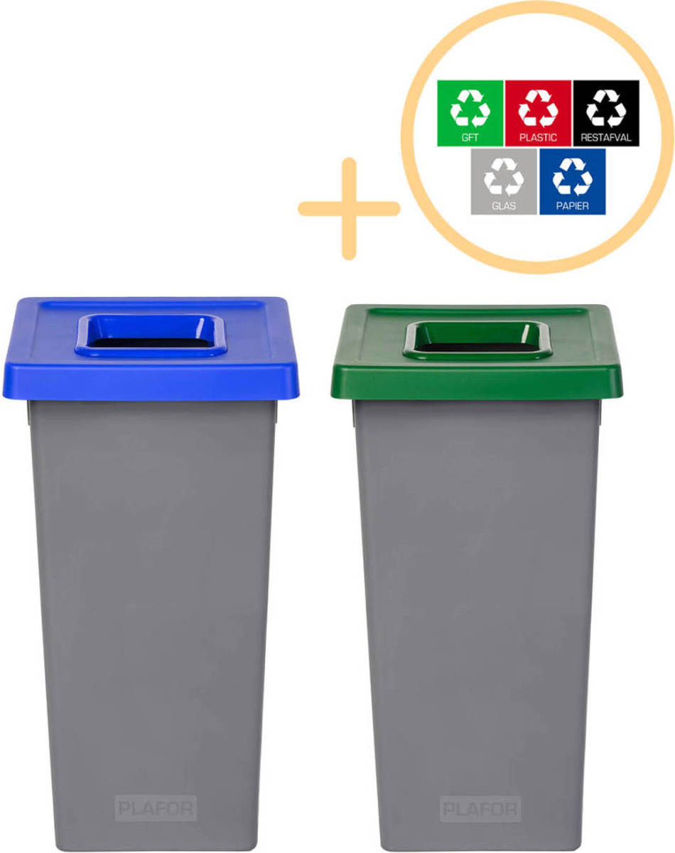 Plafor Fit Bin Prullenbak 75L - Set van 2 - Blauw/Groen + Sticker Set
