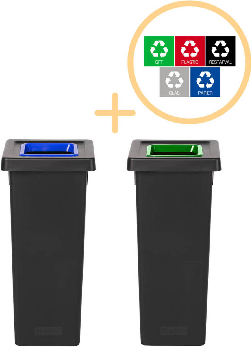 Plafor Fit Bin Prullenbak 53L - Set van 2 - Blauw/Groen + Sticker Set