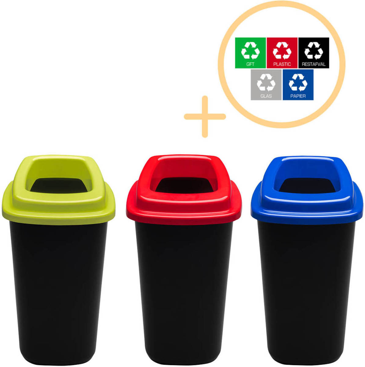 Plafor Sort Bin Prullenbak 45L - Set van 3 - Blauw/Groen/Rood + Sticker Set