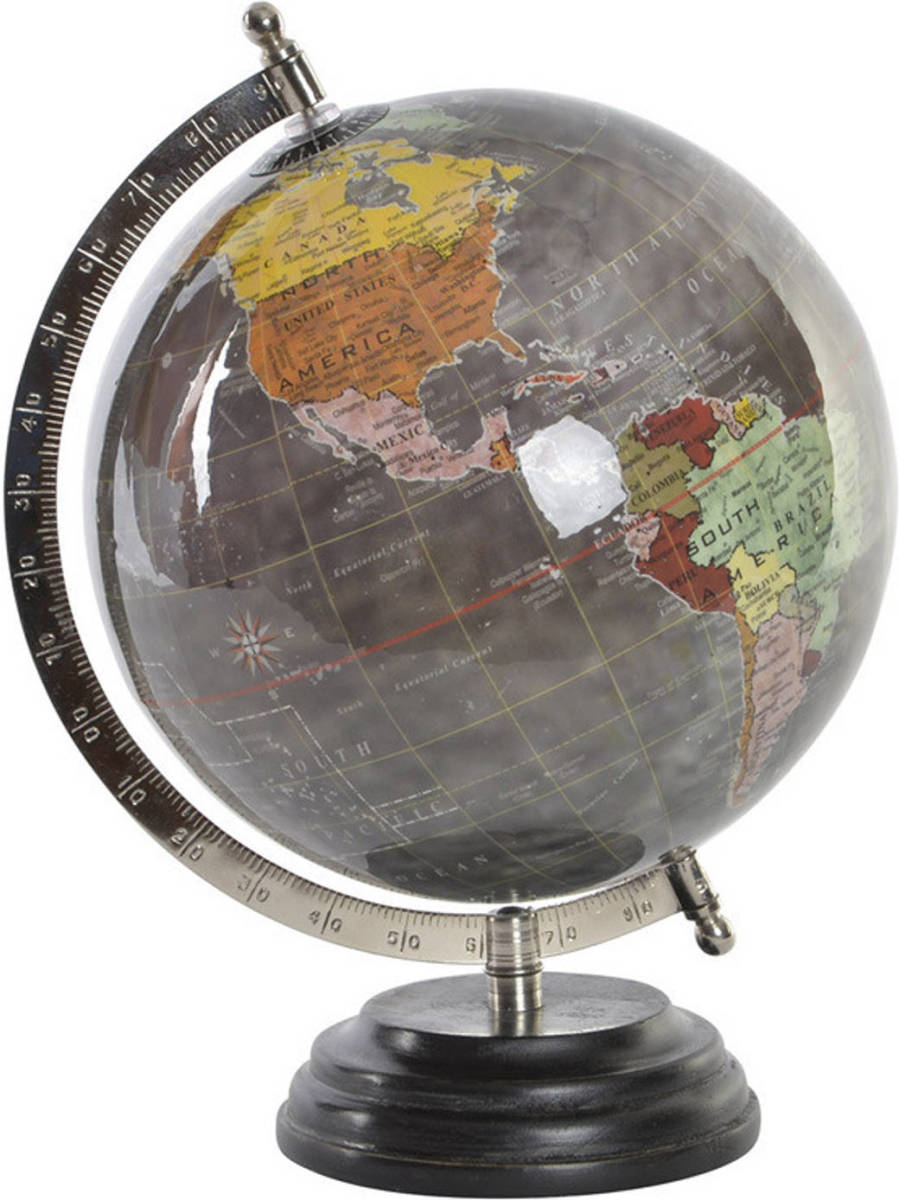 Items Deco Wereldbol/globe op voet - kunststof - grijs - home decoratie artikel - D20 x H28 cm - Wereldbollen