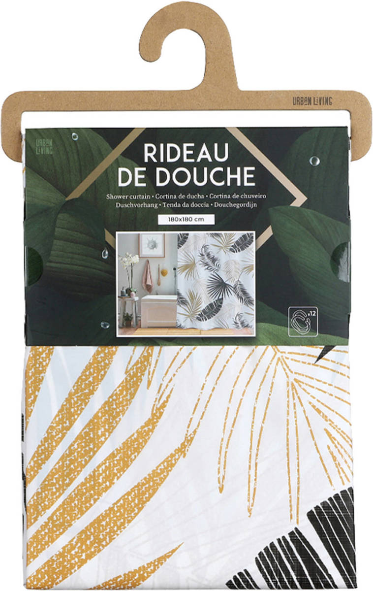 Urban Living Douchegordijn met ringen - wit/zwart/beige - Palmen print - PVC - 180 x 180 cm - Douchegordijnen