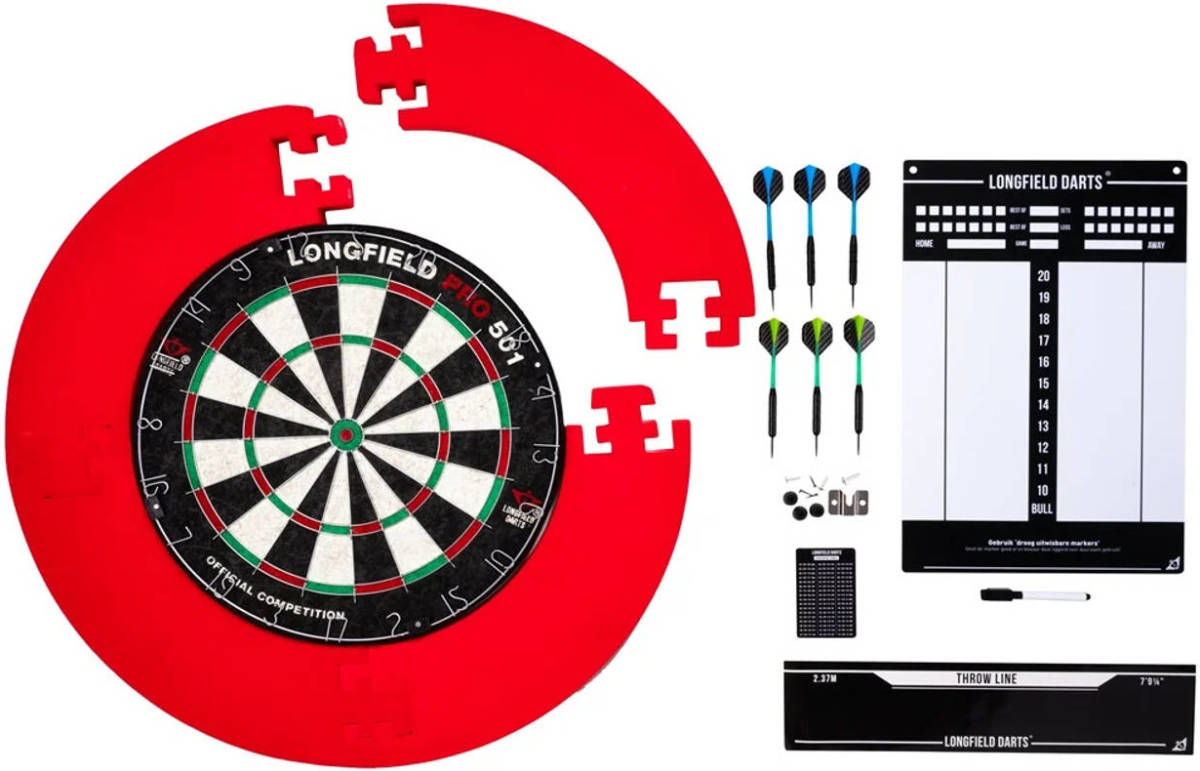 Longfield Darts Tournament dartbord met toebehoren rood 8-delig