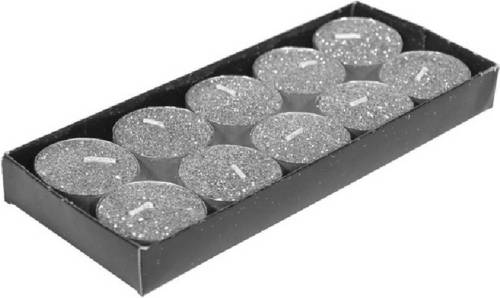 Gerimport Gerim waxinelichtjes kaarsjes- 10x - zilver glitters 3,5 cm - Waxinelichtjes