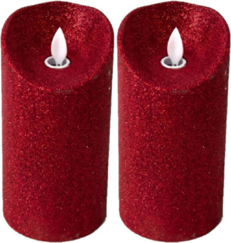 Gerimport Gerim LED kaars/stompkaars - 2x - rood - H15 cm - glitter - LED kaarsen