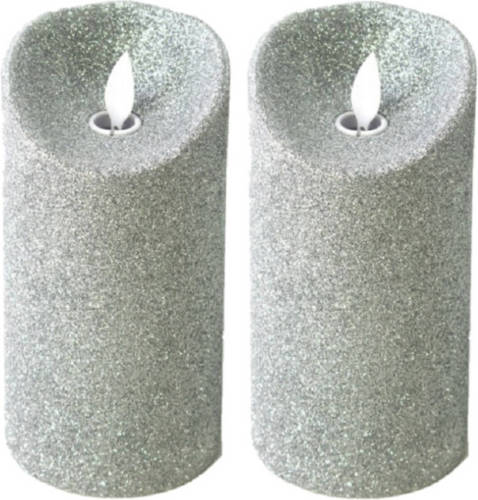 Gerimport Gerim LED kaars/stompkaars - 2x - zilver - H15 cm - glitters - LED kaarsen