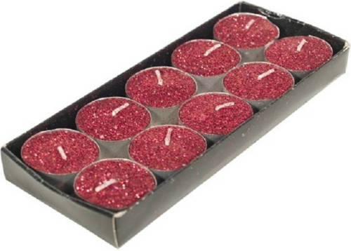 Gerimport Gerim waxinelichtjes kaarsjes- 10x - rood glitters 3,5 cm - Waxinelichtjes