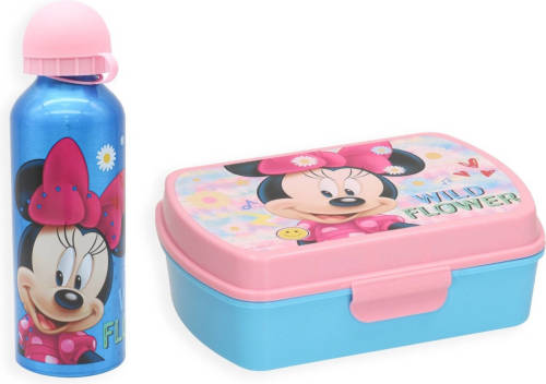 Disney Minnie Mouse Lunchset met waterfles 450ml en broodtrommel - Minnie Mouse Aluminium Waterfles - Blauw - Broodtrommel