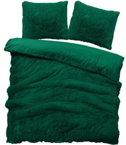 iSleep Dekbedovertrek Teddy Plush - Donker Groen - 1-Persoons 140x200/220 cm