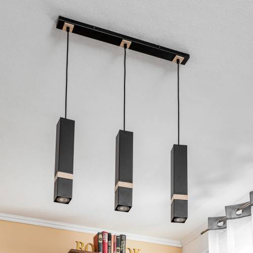 Eko-Light Hanglamp Vidar, zwart met houtdetail 3-lamp