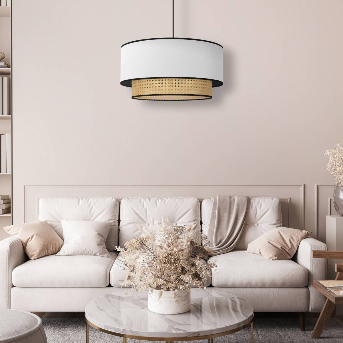 Duolla Hanglamp Boho, rotan, textiel, beige/wit