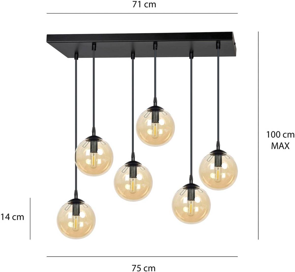 EMIBIG LIGHTING Hanglamp Glassy 6-lamps recht glas amber