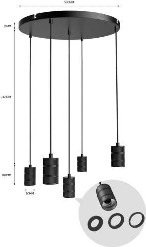 CALEX Retro hanglamp, rond, 5-lamps, zwart
