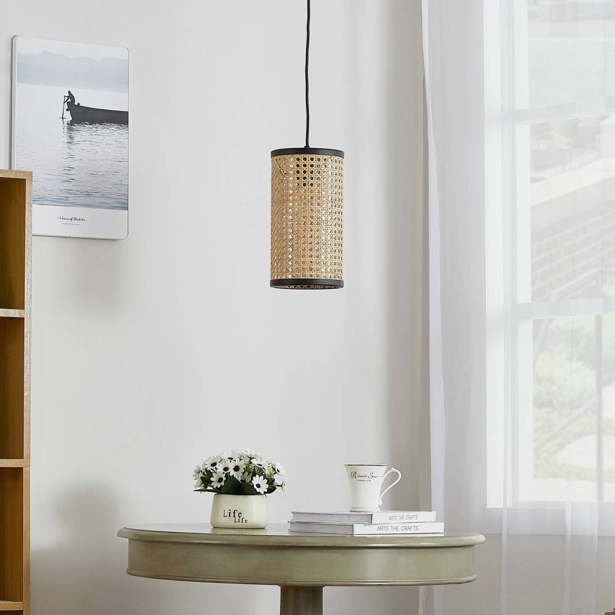 Lindby Yaelle hanglamp metaal rotan Ø 15 cm