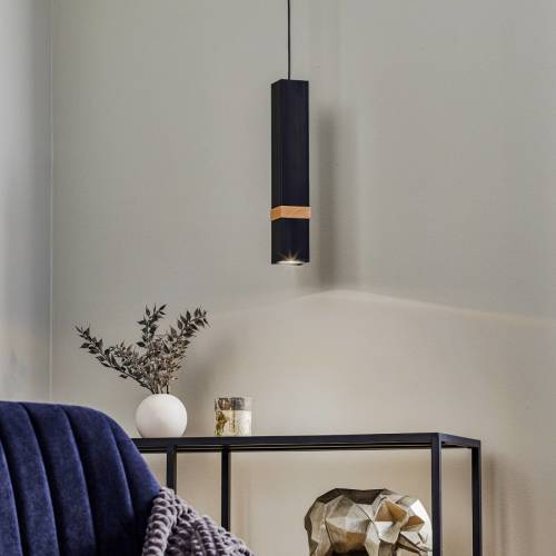 Eko-Light Hanglamp Vidar, zwart met houtdetail 1-lamp