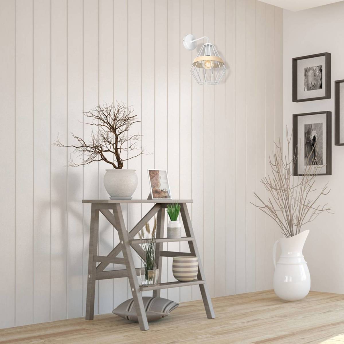 Eko-Light Wandlamp Cliff, kooikap met houten band, wit