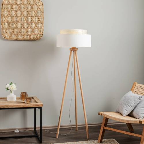 Duolla Vloerlamp Boho, driebeen crème-wit/rotan