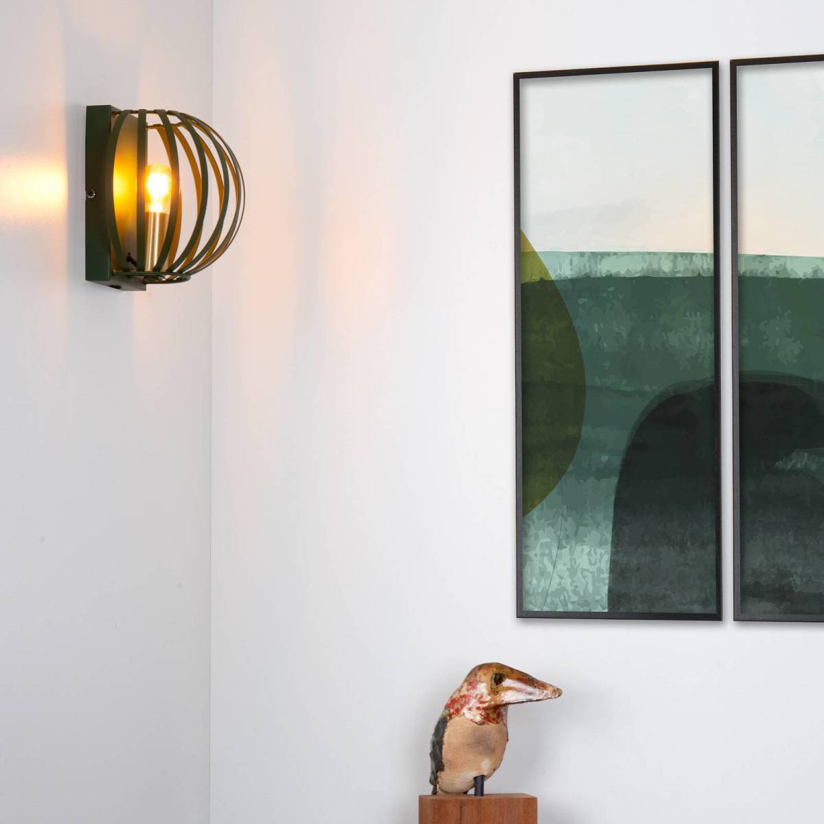 Lucide Wandlamp Manuela met kooikap, groen/goud