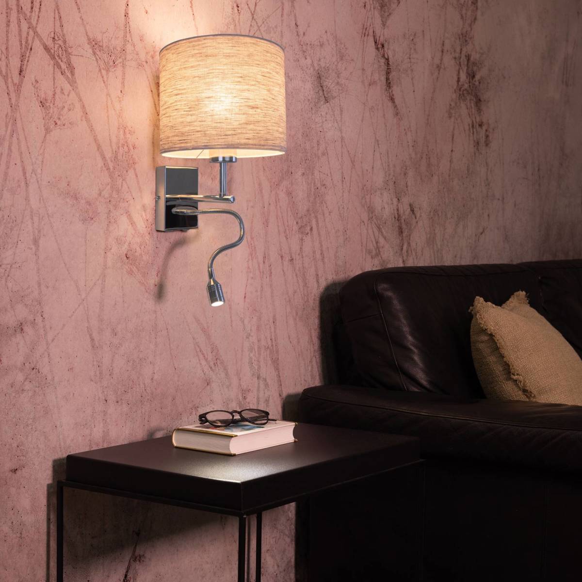 BRITOP Wandlamp Boho met leesarm, chroom/beige