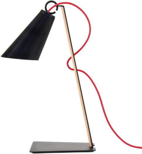 Domus Tafellamp Pit, eiken, zwart, kabel rood