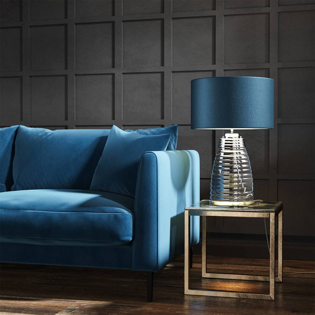 Quintiesse Tafellamp Milne glazen voet kap blauw