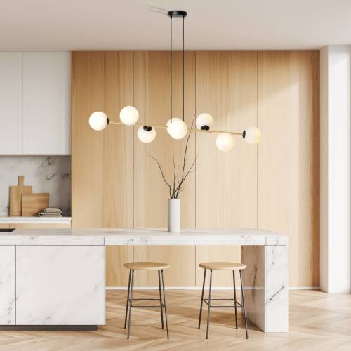 EULUNA Glassy hanglamp, 8-lamps, zwart/goud/opaal